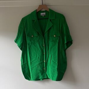 Ganni Emerald Green Short Sleeve Button-Up Blouse